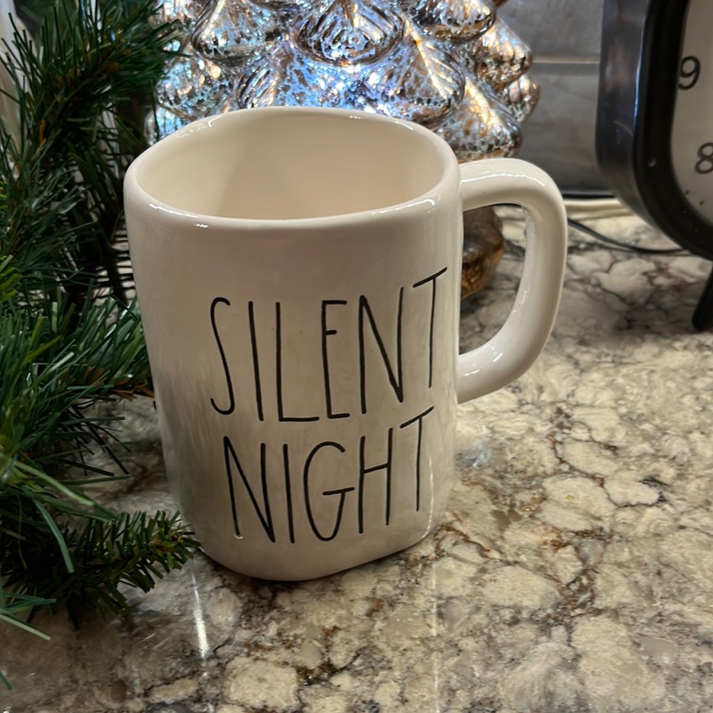 Rae Dunn mug with SILENT NIGHT letters